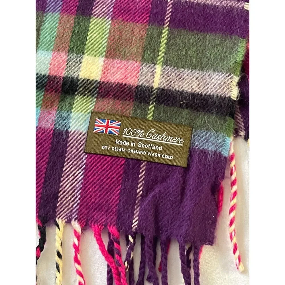 100% Cashmere Purple Plaid Scarf Made in Scotland Soft 35x12.5